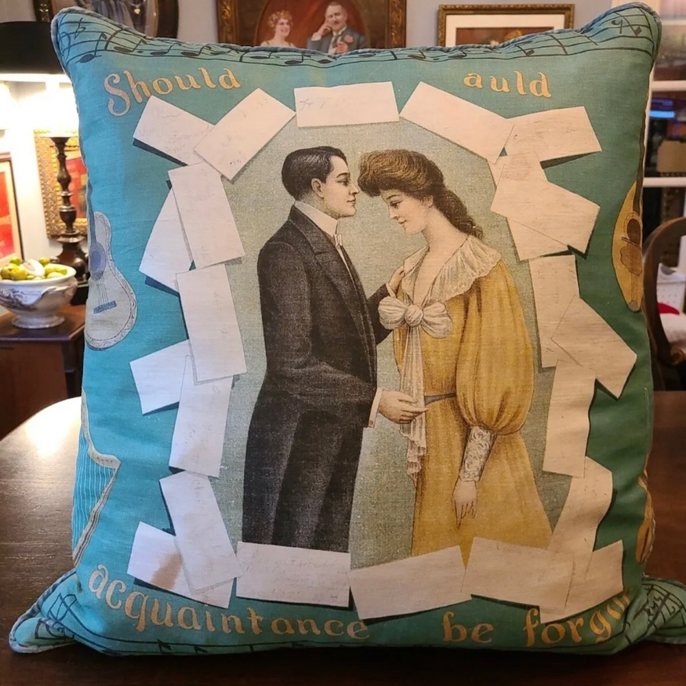 Antique Victorian Lithograph Pillow "Should Auld Aquaintnance Be Forgotten”